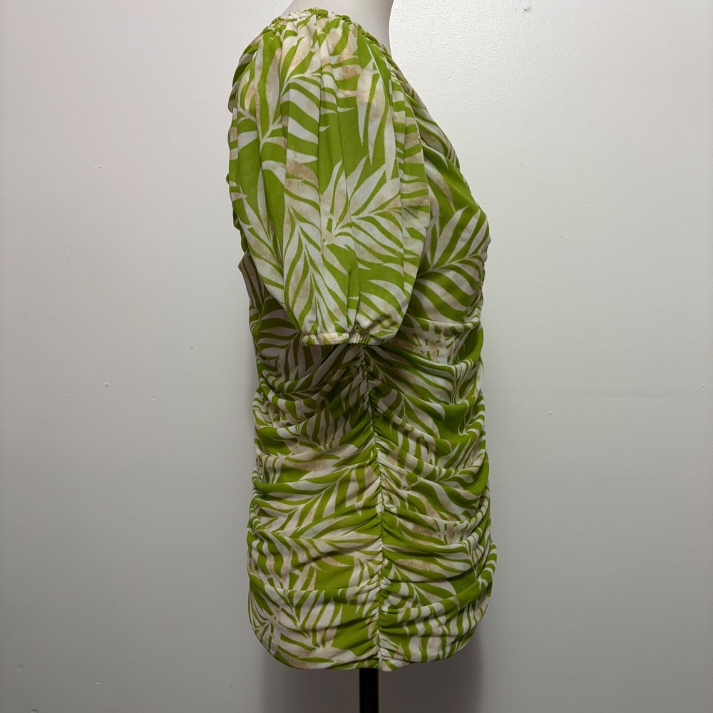 Cato Ruched Mesh Palm Print Top Size M Lime Green Tropical Short Sleeve Blouse - Picture 4 of 8